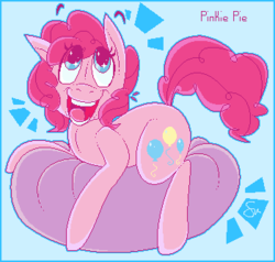 Size: 350x333 | Tagged: safe, artist:dr-idiot, pinkie pie, g4, ball, cute, female, looking up, open mouth, pixel art, ponk, prone, smiling, solo