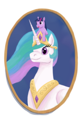 Size: 1742x2500 | Tagged: safe, artist:stormcrow-42, princess celestia, twilight sparkle, pony, g4, filly, filly twilight sparkle, momlestia, ponies riding ponies, pony hat, portrait, riding, size difference, smol, twilight riding celestia