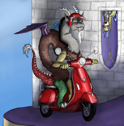 Size: 5000x5057 | Tagged: safe, artist:stormcrow-42, discord, draconequus, pony, g4, twilight's kingdom, absurd resolution, hat, male, moped, royal guard, upside down, vehicle, vespa