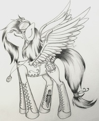 Size: 1069x1309 | Tagged: safe, artist:shyredd, oc, oc only, oc:thyme flies, pegasus, pony, goggles, leather, monochrome, pencil drawing, pose, shading, steampunk, traditional art, wings