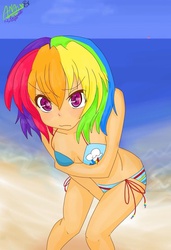 Size: 656x960 | Tagged: safe, artist:thekatwoman, rainbow dash, human, g4, bikini, clothes, female, humanized, side-tie bikini, solo, string bikini, swimsuit, tsunderainbow, tsundere