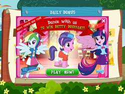 Size: 960x720 | Tagged: safe, gameloft, screencap, cookie crumbles, rainbow dash, twilight sparkle, equestria girls, g4, betty bouffant, chinese new year, female, gameloft shenanigans, screenshots, twilight sparkle (alicorn)