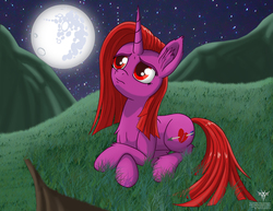 Size: 2000x1545 | Tagged: safe, artist:starbat, oc, oc only, oc:anna goodshimmer, mare in the moon, moon, night, solo, stars