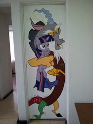 Size: 1200x1600 | Tagged: artist needed, safe, discord, twilight sparkle, draconequus, pony, unicorn, g4, the return of harmony, door, holding, irl, photo, unamused, unicorn twilight