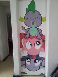 Size: 1200x1600 | Tagged: artist needed, safe, pinkie pie, spike, twilight sparkle, g4, door, ice skates, photo