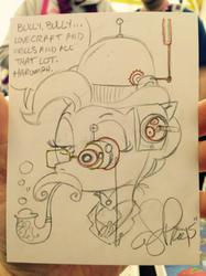 Size: 500x667 | Tagged: safe, artist:andy price, pinkie pie, g4, female, pipe, smoking, solo, steampunk, traditional art