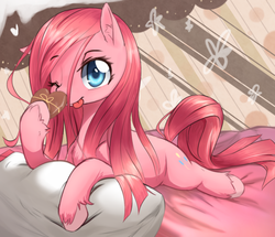 Size: 698x600 | Tagged: safe, artist:aymint, pinkie pie, earth pony, pony, g4, alternate hairstyle, bed, cute, cuteamena, diapinkes, female, heart, loose hair, mare, one eye closed, pillow, pinkamena diane pie, prone, solo, tongue out, unshorn fetlocks, valentine, wink