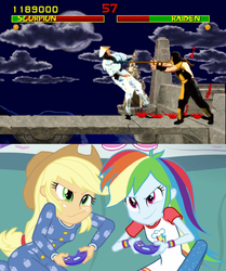 Size: 600x717 | Tagged: safe, applejack, rainbow dash, equestria girls, g4, applejack and rainbow dash playing, exploitable meme, meme, mortal kombat