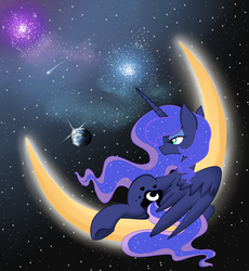 Size: 2300x2500 | Tagged: dead source, safe, artist:rainbowscreen, princess luna, pony, crescent moon, female, moon, planet, pony bigger than a planet, solo, space, stars, tangible heavenly object, transparent moon, underhoof