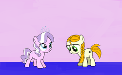 Size: 1623x999 | Tagged: safe, artist:samey90, diamond tiara, oc, oc:curtain call, earth pony, pony, fanfic:sleepless, g4, fanfic art, female, filly, foal, hooves, jewelry, sad, simple background, tiara