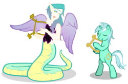 Size: 1034x678 | Tagged: safe, artist:iomma, lyra heartstrings, pony, unicorn, g4, bipedal, crossover, dungeons and dragons, eyes closed, female, lyre, musical instrument, simple background, transparent background