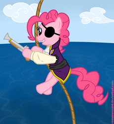 Size: 967x1051 | Tagged: safe, artist:remenescent, pinkie pie, earth pony, pony, g4, bipedal, clothes, eyepatch, female, gun, pirate, rope, solo, weapon