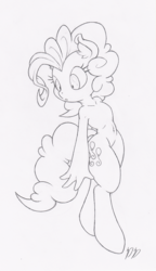 Size: 577x1000 | Tagged: safe, artist:dfectivedvice, pinkie pie, earth pony, anthro, g4, female, grayscale, hoof fingers, monochrome, sketch, solo, traditional art