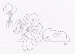 Size: 1000x724 | Tagged: safe, artist:dfectivedvice, pinkie pie, g4, balloon, female, grayscale, monochrome, present, solo