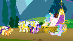 Size: 1366x768 | Tagged: safe, screencap, applejack, fluttershy, princess celestia, rarity, twilight sparkle, alicorn, earth pony, pegasus, pony, unicorn, g4, swarm of the century, female, lidded eyes, male, mare, pegasus royal guard, royal guard, stallion