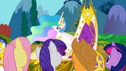 Size: 1366x768 | Tagged: safe, screencap, applejack, fluttershy, princess celestia, rarity, twilight sparkle, g4, swarm of the century, royal guard