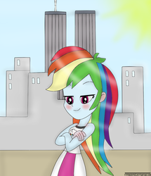 Size: 988x1148 | Tagged: safe, artist:ytpinkiepie2, rainbow dash, equestria girls, g4, crossed arms, female, new york, solo, twin towers, world trade center