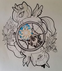 Size: 837x955 | Tagged: safe, artist:patterndream, princess celestia, princess luna, g4, moon, pattern, sister, sun, traditional art, zentangle