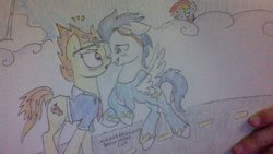 Size: 1024x576 | Tagged: safe, artist:mirandaescalante, rainbow dash, soarin', spitfire, g4, blushing, female, male, ship:soarinfire, shipping, straight, traditional art