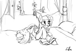 Size: 1280x853 | Tagged: safe, artist:silfoe, spike, twilight sparkle, alicorn, pony, royal sketchbook, g4, bed, blushing, book, female, grayscale, mare, monochrome, prone, sketch, smiling, twilight sparkle (alicorn)