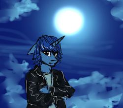 Size: 667x589 | Tagged: safe, artist:alliecorn, oc, oc only, oc:paradox, pony, unicorn, clothes, crossed hooves, leather jacket, moon, night, solo