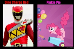Size: 898x602 | Tagged: safe, edit, edited screencap, screencap, pinkie pie, earth pony, human, pony, g4, balloon, female, mare, party cannon, power rangers dino charge