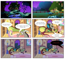Size: 1654x1536 | Tagged: safe, artist:fiona brown, discord, fluttershy, comic:tirekcord, g4, comic, fluttershy's cottage, night