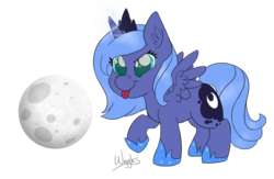 Size: 1280x836 | Tagged: safe, artist:wiggles, princess luna, g4, cute, female, filly, lunabetes, moon, simple background, solo, tongue out, woona