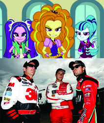 Size: 1678x1977 | Tagged: safe, adagio dazzle, aria blaze, sonata dusk, human, equestria girls, g4, my little pony equestria girls: rainbow rocks, cap, comparison, ford, greg biffle, hat, irl, irl human, nascar, photo, ricky stenhouse jr, the dazzlings, trevor bayne