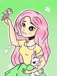 Size: 960x1280 | Tagged: safe, artist:mochiida, angel bunny, fluttershy, human, g4, female, humanized, solo