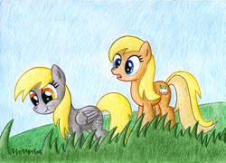 Size: 1721x1240 | Tagged: safe, artist:legeden, apple cobbler, derpy hooves, pegasus, pony, g4, :t, apple family member, eating, female, grass, grazing, herbivore, horses doing horse things, mare, newbie artist training grounds, open mouth, smiling, traditional art, underp