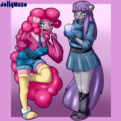 Size: 1000x1000 | Tagged: safe, artist:jollymuso, maud pie, pinkie pie, earth pony, anthro, g4, crystal, looking at you, wink