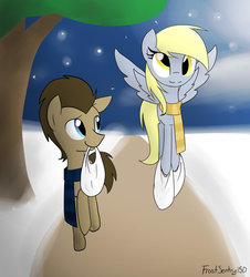 Size: 850x939 | Tagged: safe, artist:frostsentry150, derpy hooves, doctor whooves, time turner, pegasus, pony, g4, clothes, female, male, mare, scarf, ship:doctorderpy, shipping, shopping, straight, winter