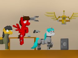 Size: 1280x949 | Tagged: safe, artist:minty candy, oc, oc only, oc:minty candy, oc:twintails, cyborg, ghoul, pegasus, pony, unicorn, fallout equestria, fallout equestria: occupational hazards, artificial wings, augmented, glasses, mechanical wing, safe (object), story, tools, wings, workshop
