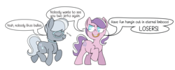 Size: 2000x802 | Tagged: safe, artist:dbkit, diamond tiara, silver spoon, earth pony, pony, g4, ask, comic, duo, no pupils, simple background, transparent background, tumblr