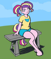 Size: 662x767 | Tagged: safe, artist:daily, oc, oc only, oc:venus, satyr, bench, clothes, heart eyes, offspring, parent:oc:anon, parent:princess cadance, solo, wingding eyes
