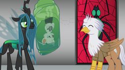 Size: 1024x576 | Tagged: safe, artist:mlp-silver-quill, queen chrysalis, oc, oc:dr. wolf, oc:silver quill, changeling, changeling queen, classical hippogriff, hippogriff, spider, anthro, g4, cocoon, furry, male, non-mlp oc, non-pony oc, stained glass