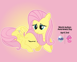 Size: 1280x1024 | Tagged: safe, artist:adrianimpalamata, artist:richhap, fluttershy, pegasus, pony, g4, autism, autism spectrum disorder, autistic fluttershy, cute, daaaaaaaaaaaw, dual persona, female, filly, filly fluttershy, headcanon, hub logo, logo, neurodivergent, neurodivergent headcanon, request, self adoption, self paradox, self ponidox, shyabetes, text, the hub, world autism awareness day, younger