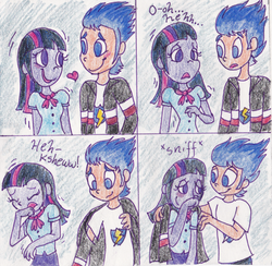 Size: 906x884 | Tagged: safe, artist:php68, flash sentry, twilight sparkle, equestria girls, g4, blushing, cold, comic, cute, female, gentleman, humanized, male, ship:flashlight, shipping, sick, sneezing, straight, traditional art, twilight sparkle (alicorn)