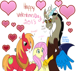 Size: 4272x4013 | Tagged: safe, artist:chibi-n92, big macintosh, discord, fluttershy, draconequus, earth pony, pegasus, pony, g4, 2013, absurd resolution, cross-popping veins, floating heart, fluttershy gets all the stallions, glare, heart, love triangle, male, outline, ship:discoshy, ship:fluttermac, shipping, simple background, stallion, straight, transparent background, valentine's day