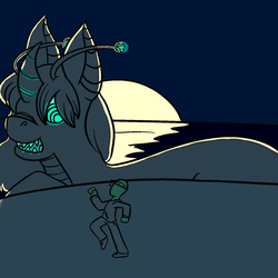 Size: 1280x1280 | Tagged: safe, artist:noginerve, oc, oc only, oc:anon, oc:orchid, human, kaiju pony, dark, glowing eyes, macro, moon, night, running, swimming