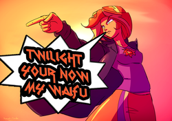 Size: 2500x1750 | Tagged: safe, artist:kanashiipanda, edit, sunset shimmer, equestria girls, g4, badass, female, frown, glare, grammar error, implied sunsetsparkle, jojo's bizarre adventure, lesbian, misspelling, pointing, solo, waifu