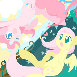Size: 2500x2500 | Tagged: safe, artist:natsu714, fluttershy, pinkie pie, g4, :d, :o, duo, happy, high res, lineless, looking at each other, looking at someone, lying down, no pupils, on back, one eye closed, open mouth, open smile, smiling, upside down, wink