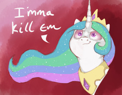 Size: 1280x991 | Tagged: safe, artist:armus, princess celestia, g4, angry, female, red background, simple background, solo, text, this will end in death, uh oh