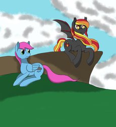 Size: 857x933 | Tagged: safe, artist:fred7162, oc, oc only, oc:candle light, oc:raindrop, bat pony, pegasus, pony, cloud, duo, prone, resting, smiling, spread wings, wings