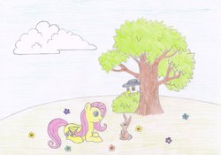 Size: 1024x718 | Tagged: safe, artist:fred7162, fluttershy, oc, oc:geoff, g4, flower, meadow, resting, traditional art