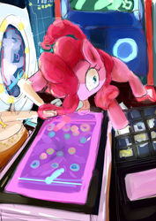 Size: 2893x4092 | Tagged: safe, artist:goneking, pinkie pie, g4, dance dance revolution, drums, groove coaster, jubeat, maimai, multitasking, musical instrument, prehensile mane, pump it up, reflec beat, rhythm game, taiko, taiko no tatsujin, tongue out, wat