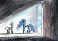 Size: 2313x1632 | Tagged: safe, artist:souleatersaku90, princess luna, thunderlane, alicorn, pegasus, pony, g4, commission, duo, fanfic, fanfic art, female, male, mare, stallion, the simple life, traditional art, watercolor painting