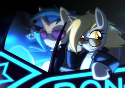 Size: 4093x2894 | Tagged: safe, artist:ketirz, derpy hooves, dj pon-3, vinyl scratch, pegasus, pony, unicorn, g4, duo, female, mare