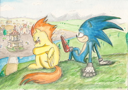 Size: 2332x1643 | Tagged: safe, artist:souleatersaku90, spitfire, g4, crossover, fanfic, fanfic art, incorrect leg anatomy, male, ponyville, scenery, sonic boom, sonic the hedgehog, sonic the hedgehog (series), the simple life, traditional art, watercolor painting